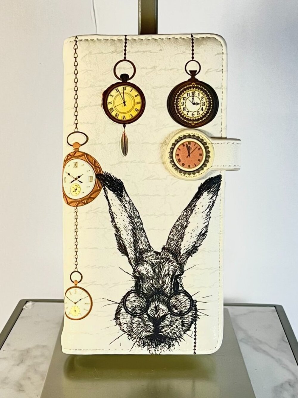 📚 Shag Wear Cream Wallet – Alice in Wonderland Rabbit & Vintage Pocket Watches